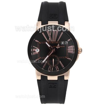 Ulysse Nardin Dual Time Automatic Rose Gold Case with Black Dial-Black Rubber Strap