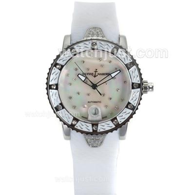 Ulysse Nardin Marine Automatic White Diamond Bezel with Diamond MOP Dial-White Rubber Strap