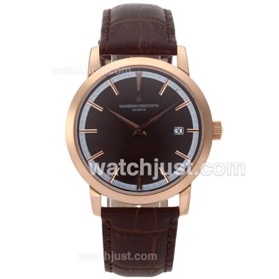 Vacheron Constantin Partrimony Swiss ETA 2836 Movement Rose Gold Case with Brown Dial-Leather Strap