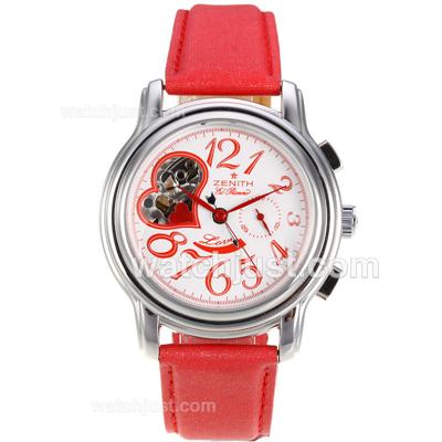 fz716Zenith Star Open Queen Of Hearts Automatic Red Number Markers with White Dial-Leather Strap