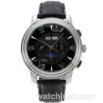 Zenith El Primero Perpetual Calendar Automatic Roman/Stick Markers with Black Dial-Leather Strap